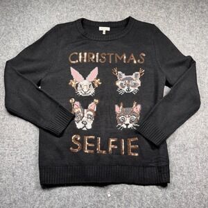 Self Esteem Christmas Selfie Sweater Womens XL Black Sequin Animals 1GSR-ENJN